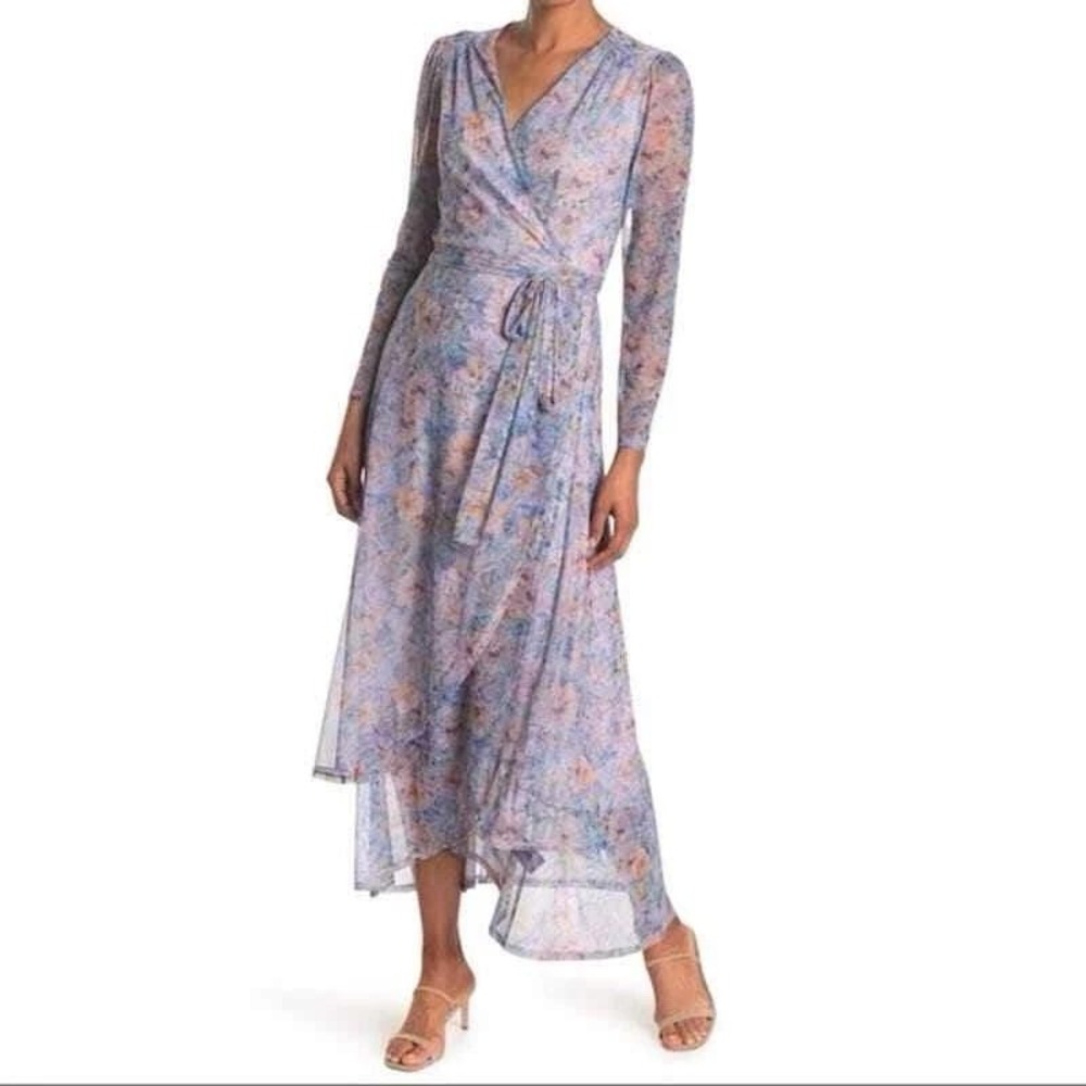 Laundry by Shelli Segal Floral Mesh Wrap Dress Lilac Blue High Low Midi